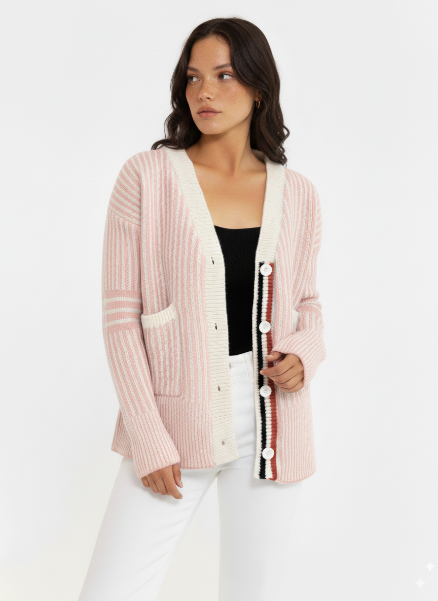 Striped Button-Front Cardigan with Contrast Trim