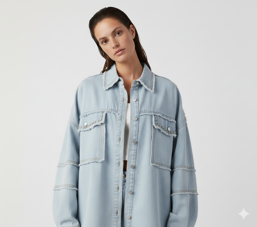 Button Down Raw Hem Denim Jacket
