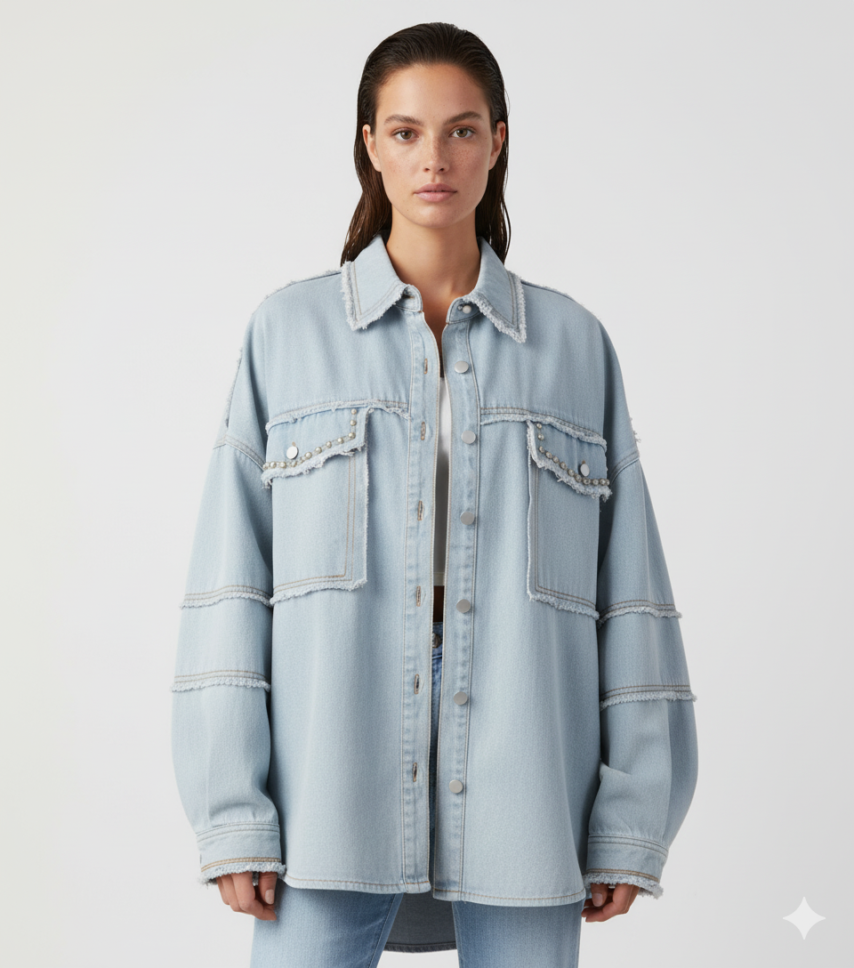Button Down Raw Hem Denim Jacket