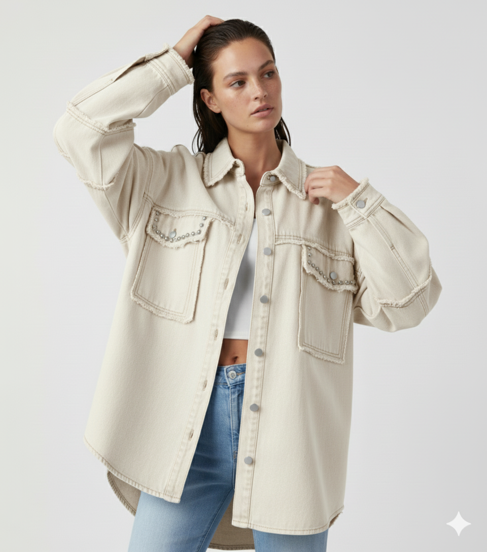 Button Down Raw Hem Denim Jacket