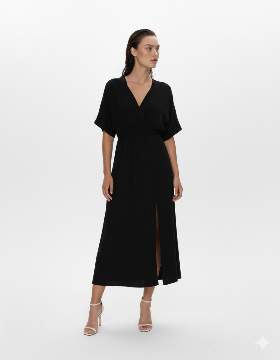 Slit Surplice Half Sleeve Midi Dress