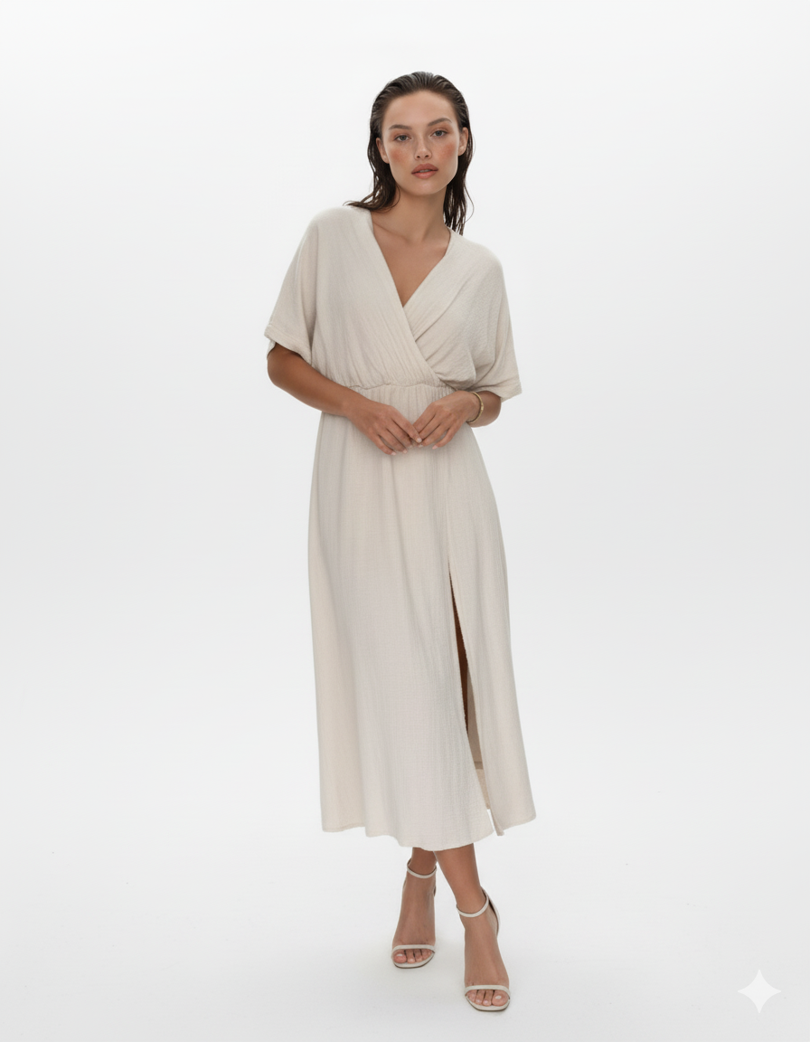 Slit Surplice Half Sleeve Midi Dress