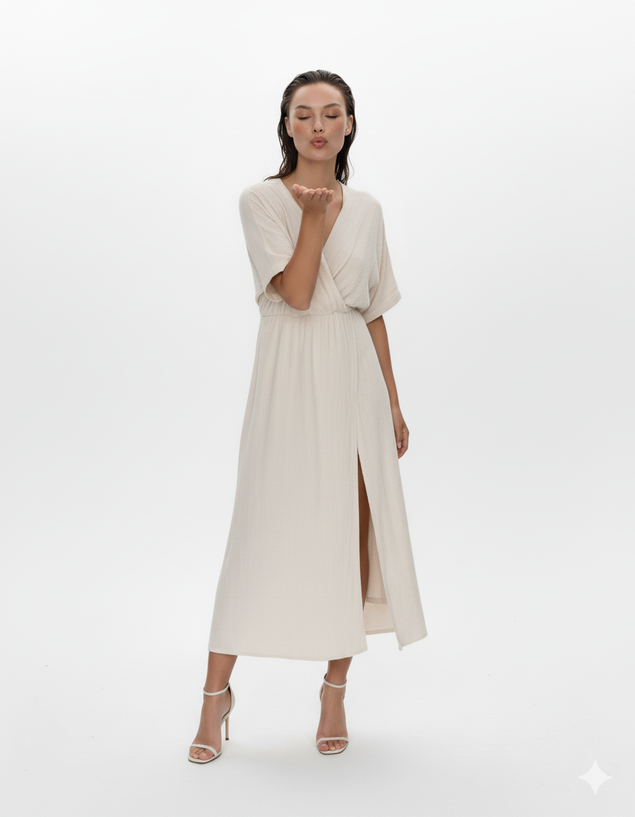 Slit Surplice Half Sleeve Midi Dress