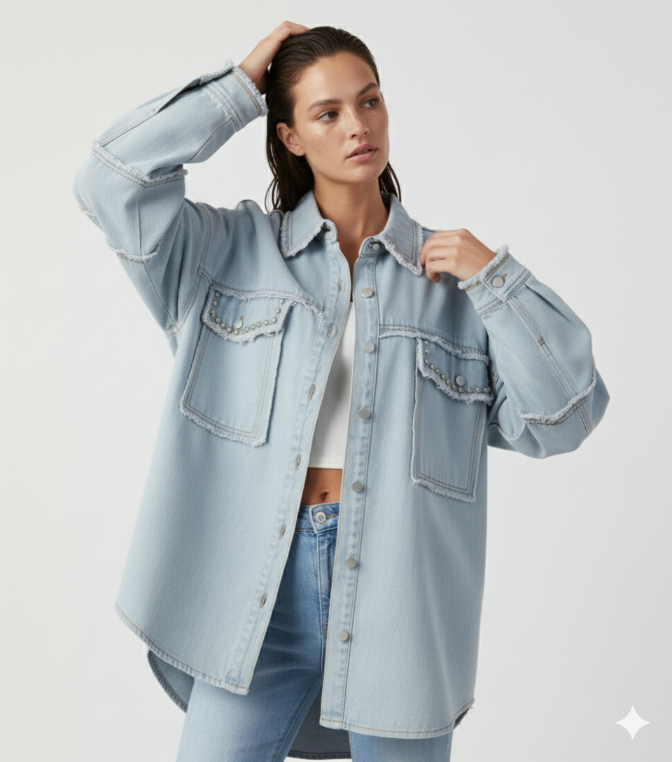 Button Down Raw Hem Denim Jacket