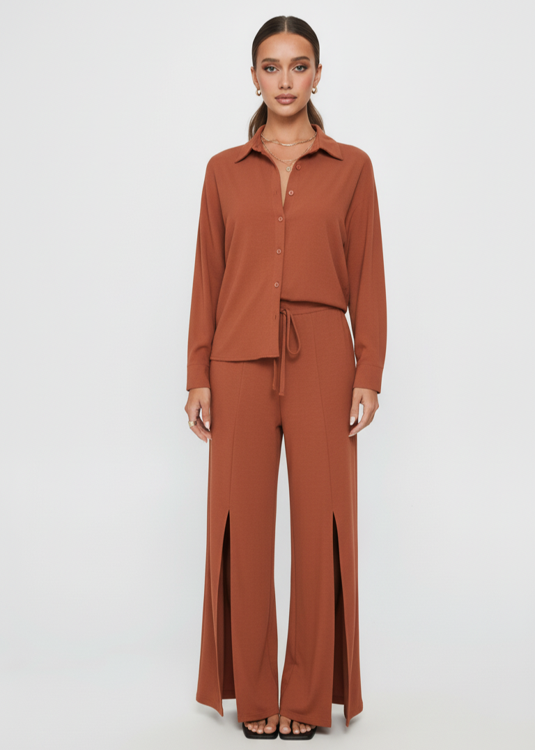 Devine Button Down Long Sleeve Top and Wide Leg Pants Set