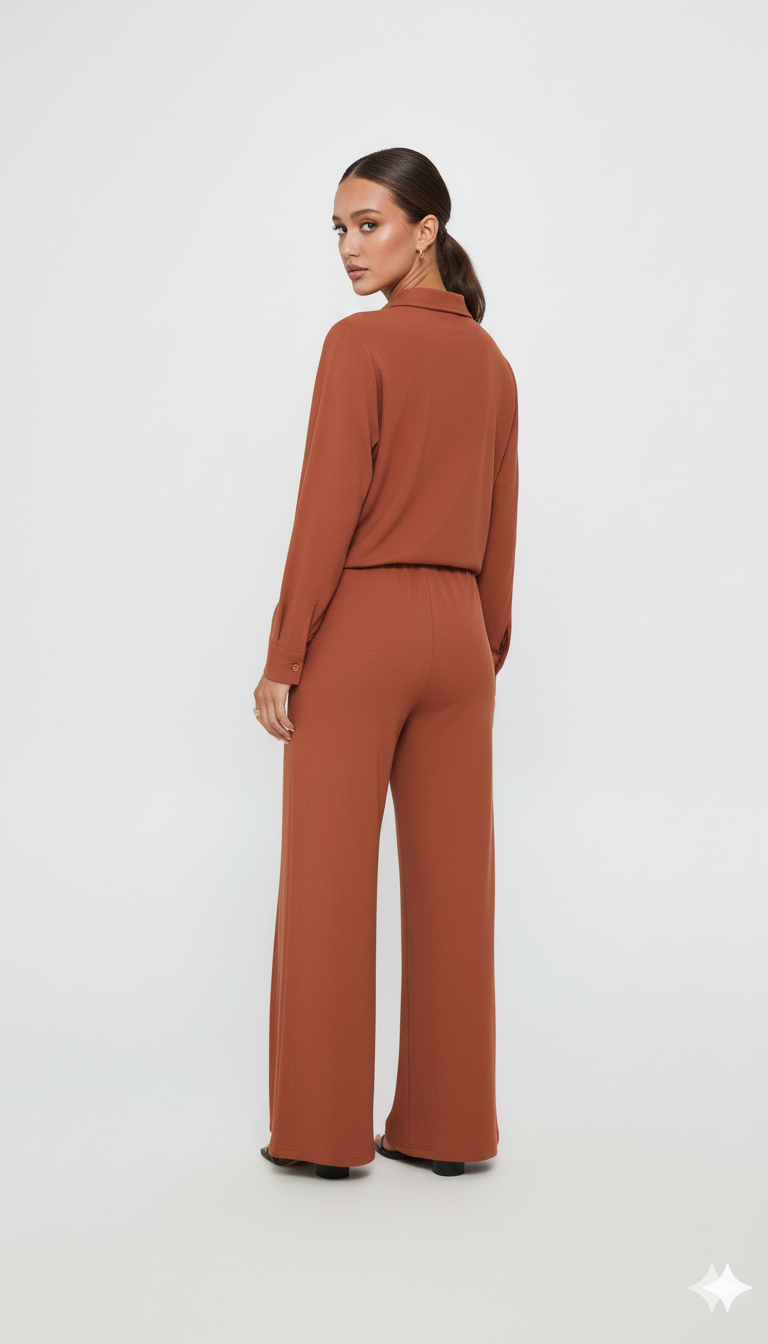 Devine Button Down Long Sleeve Top and Wide Leg Pants Set