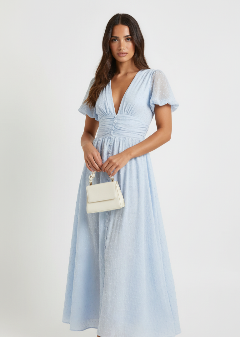 V-Neck Puff Short Sleeve Midi Dress