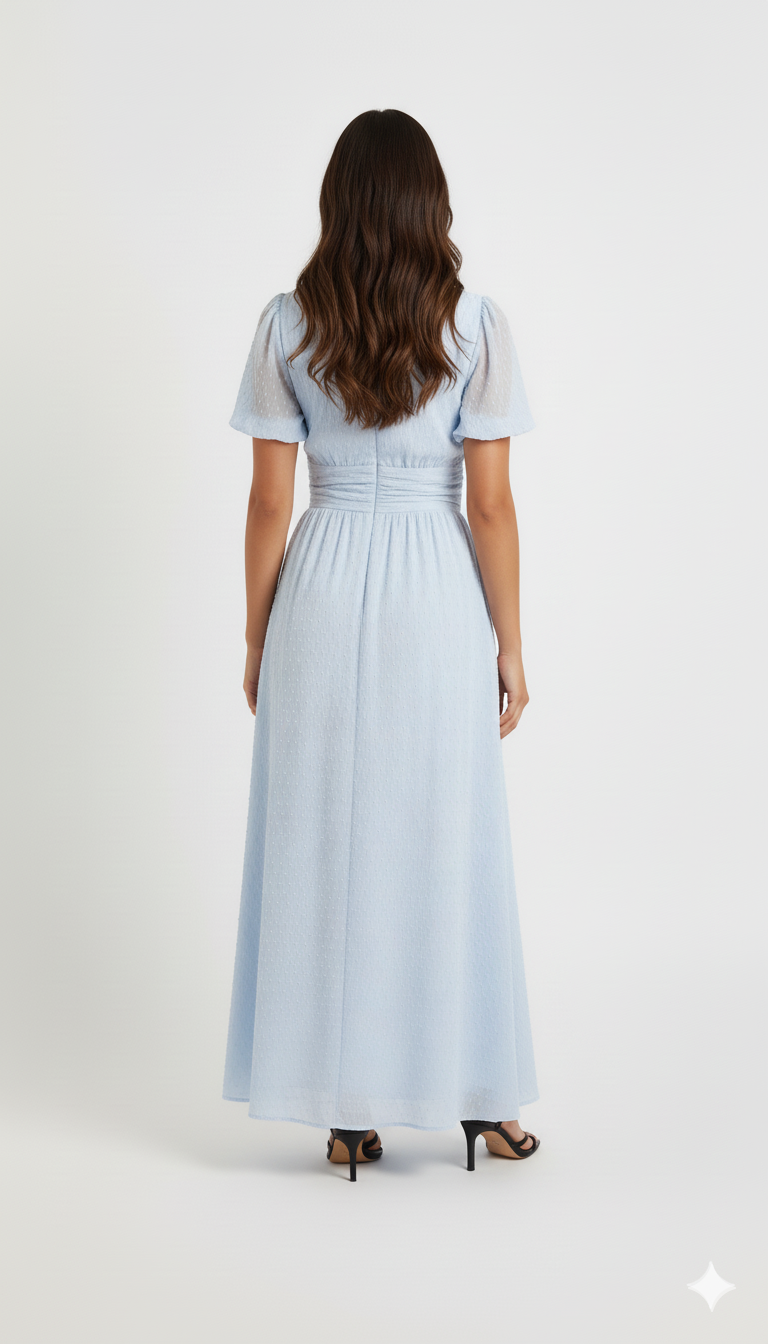 V-Neck Puff Short Sleeve Midi Dress