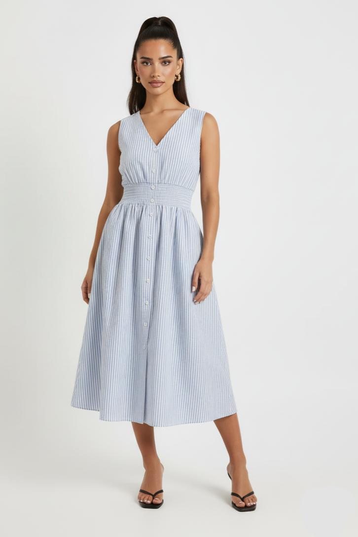 Striped V-Neck Sleeveless Midi Dress
