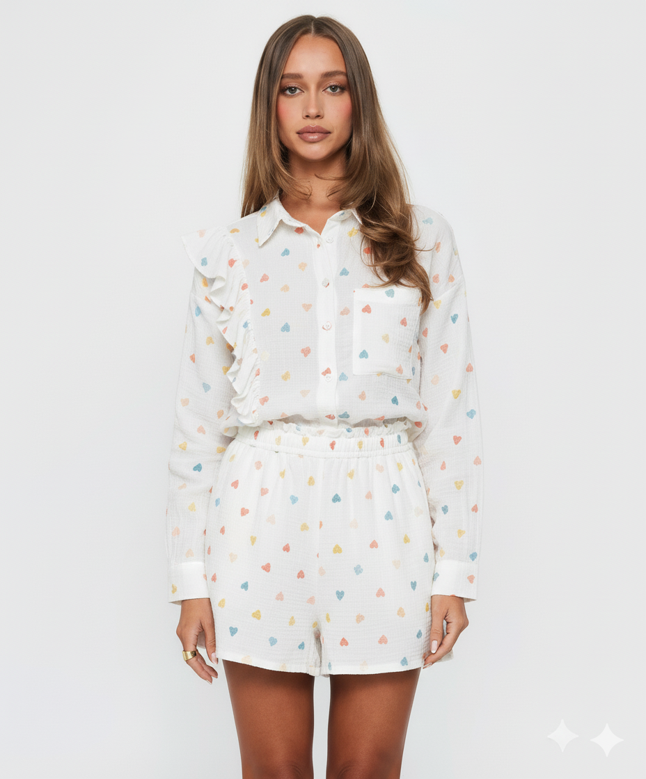 Colorful Heart Print Shirt and Shorts Set