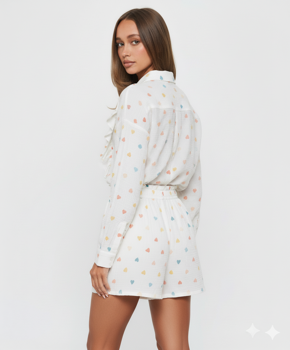 Colorful Heart Print Shirt and Shorts Set