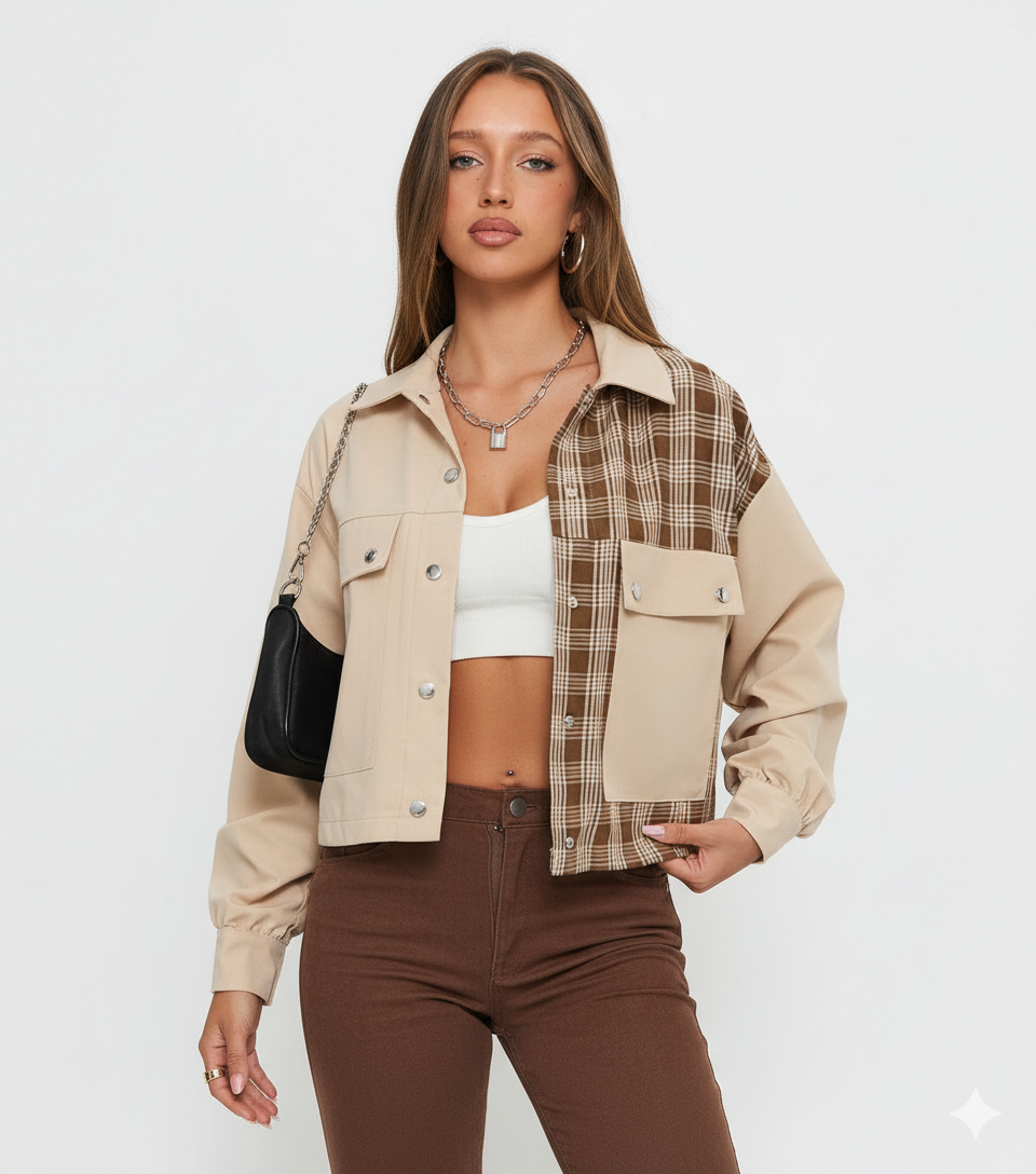 Snap Down Color Block Plaid Jacket