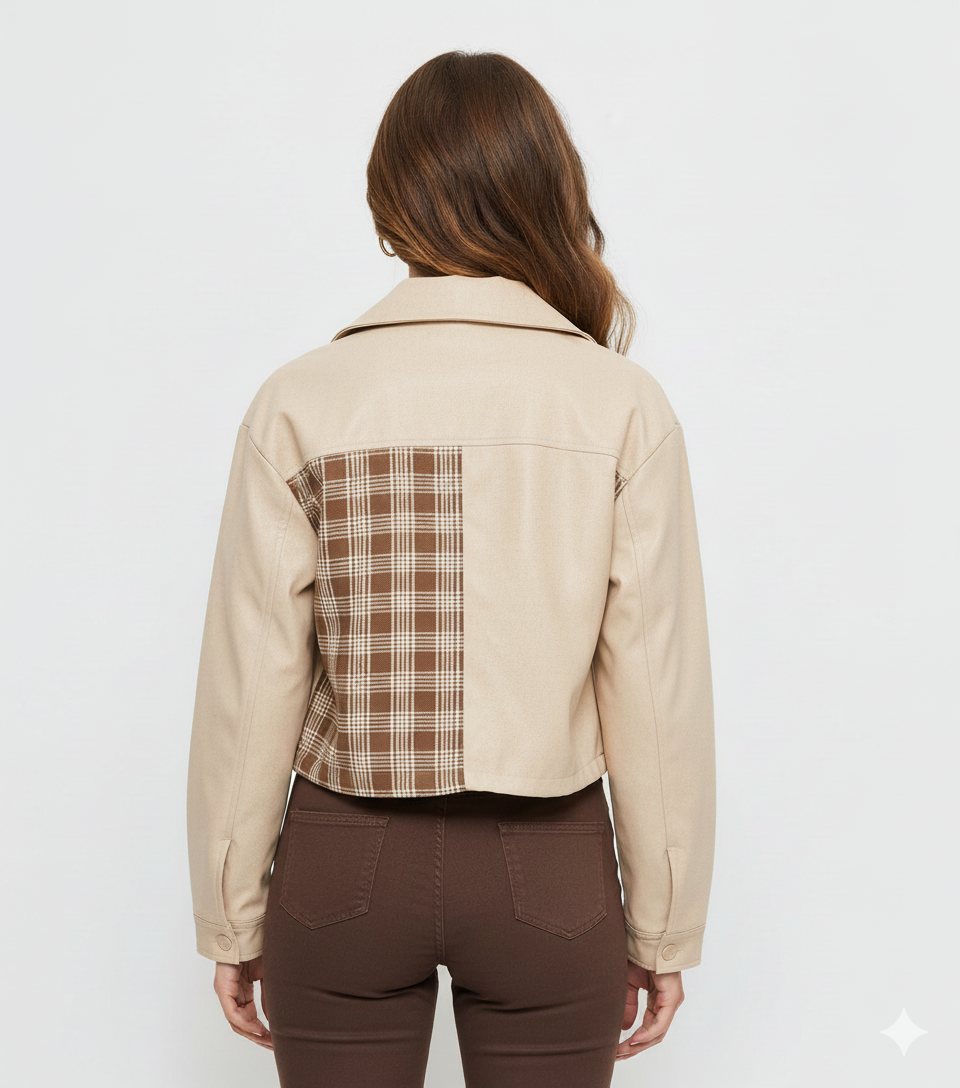 Snap Down Color Block Plaid Jacket