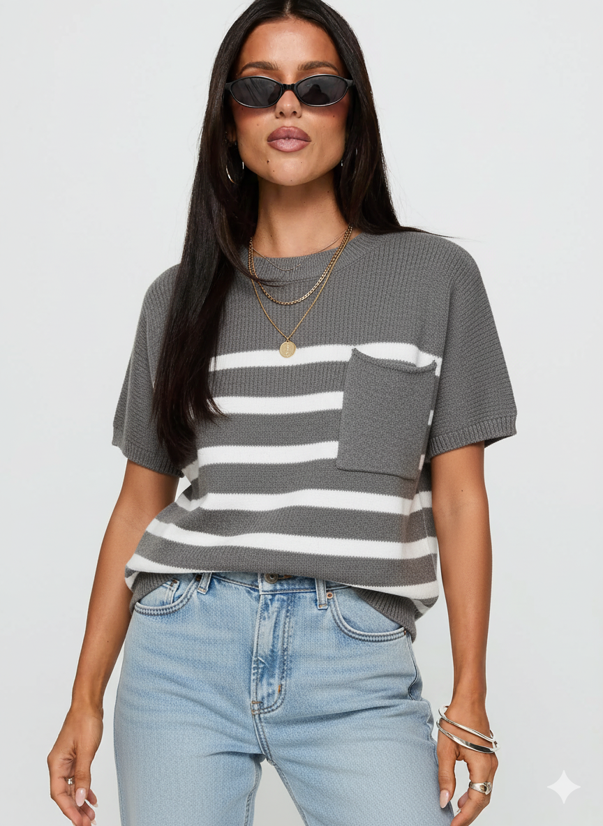 Striped Round Neck Short Sleeve Sweater