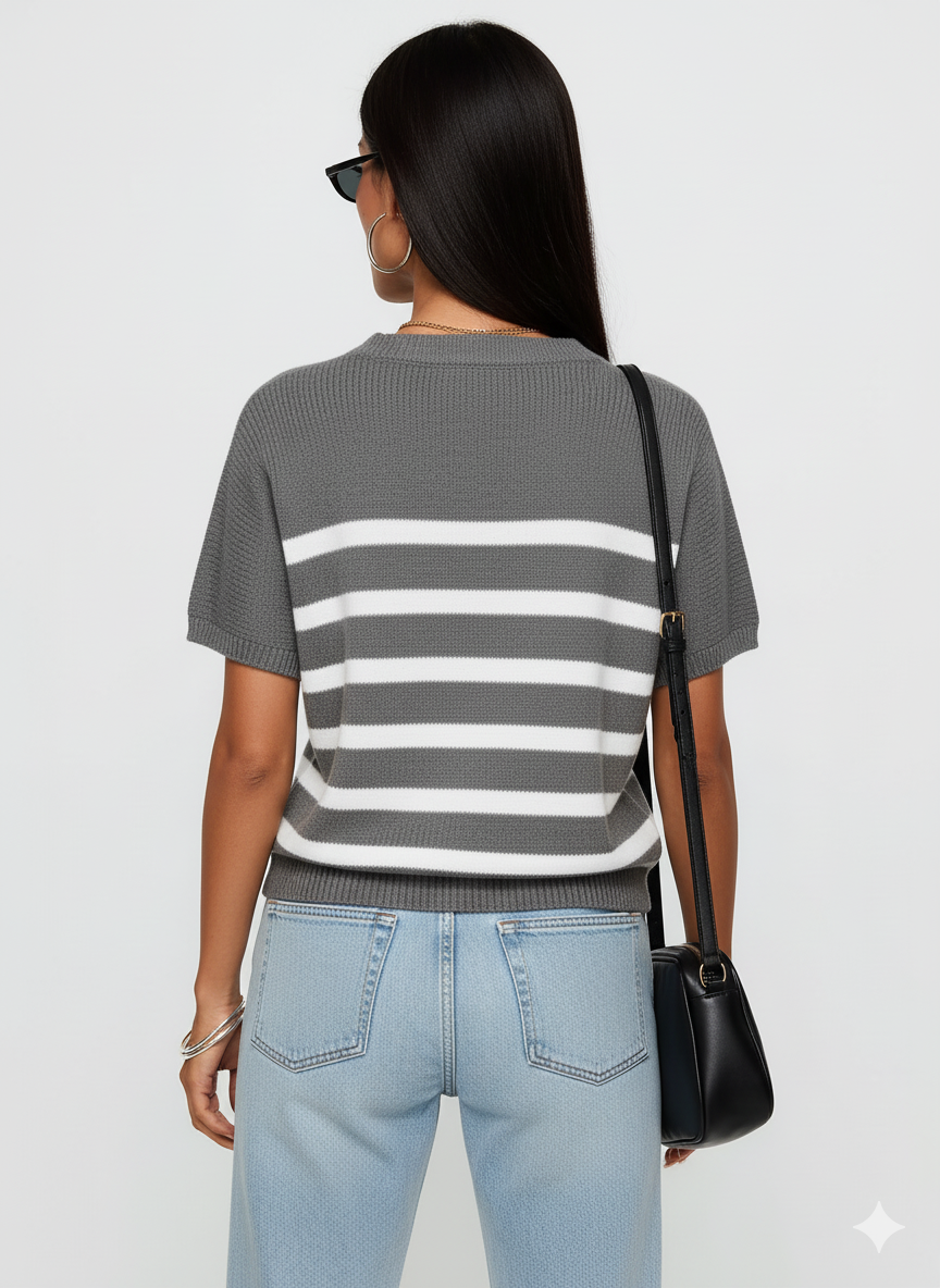 Striped Round Neck Short Sleeve Sweater