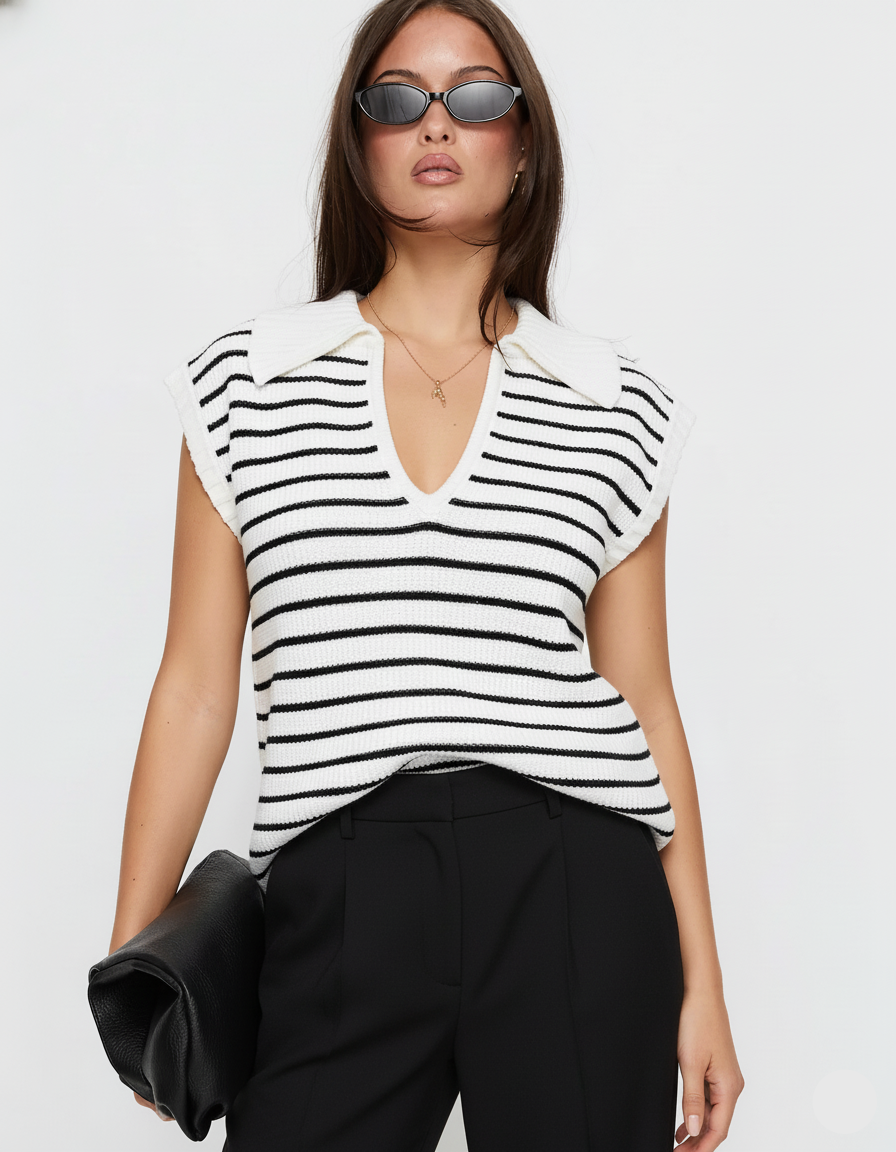 Collared Neck Striped Sweater Vest