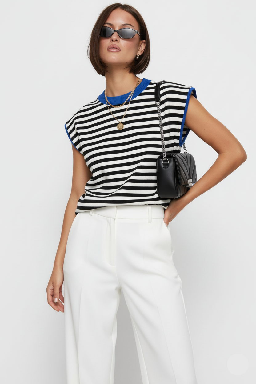 Contrast Round Neck Cap Sleeve Sweater