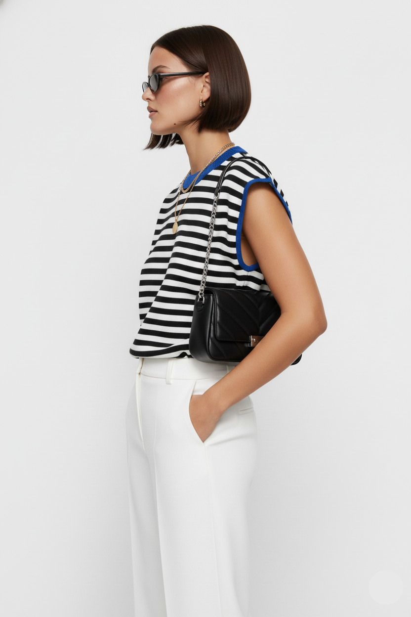 Contrast Round Neck Cap Sleeve Sweater