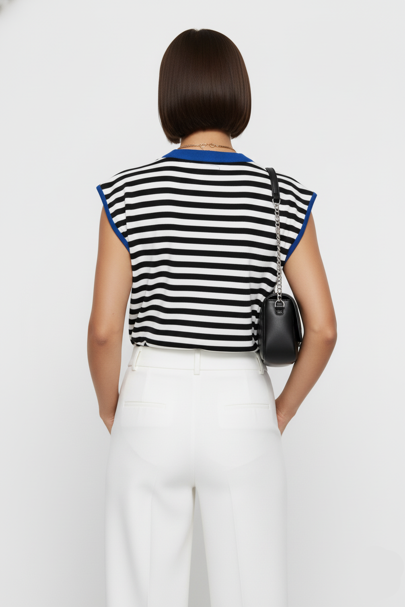 Contrast Round Neck Cap Sleeve Sweater