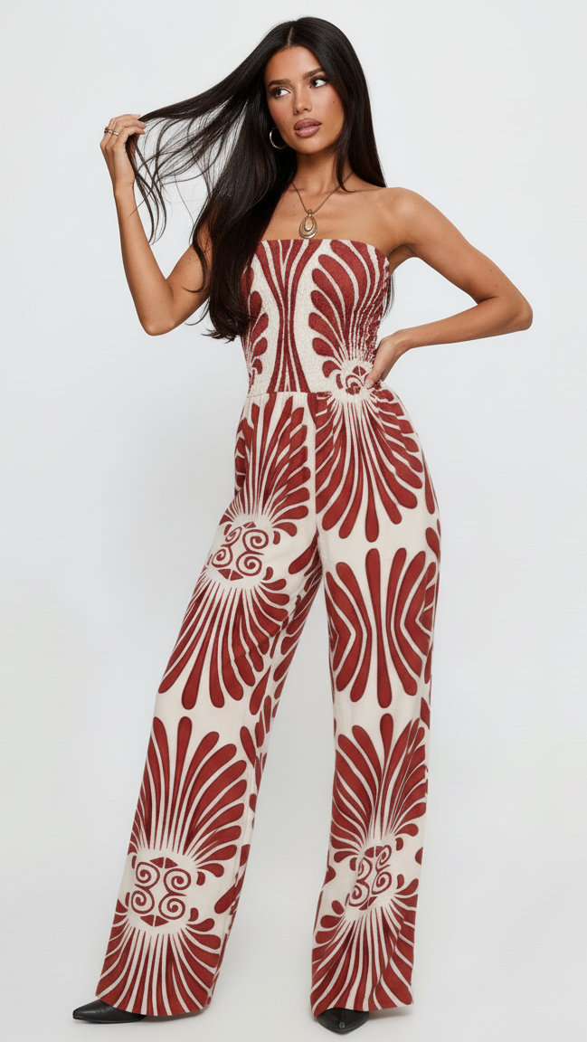 Printed Smocked Tube Wide Leg Jumpsuit