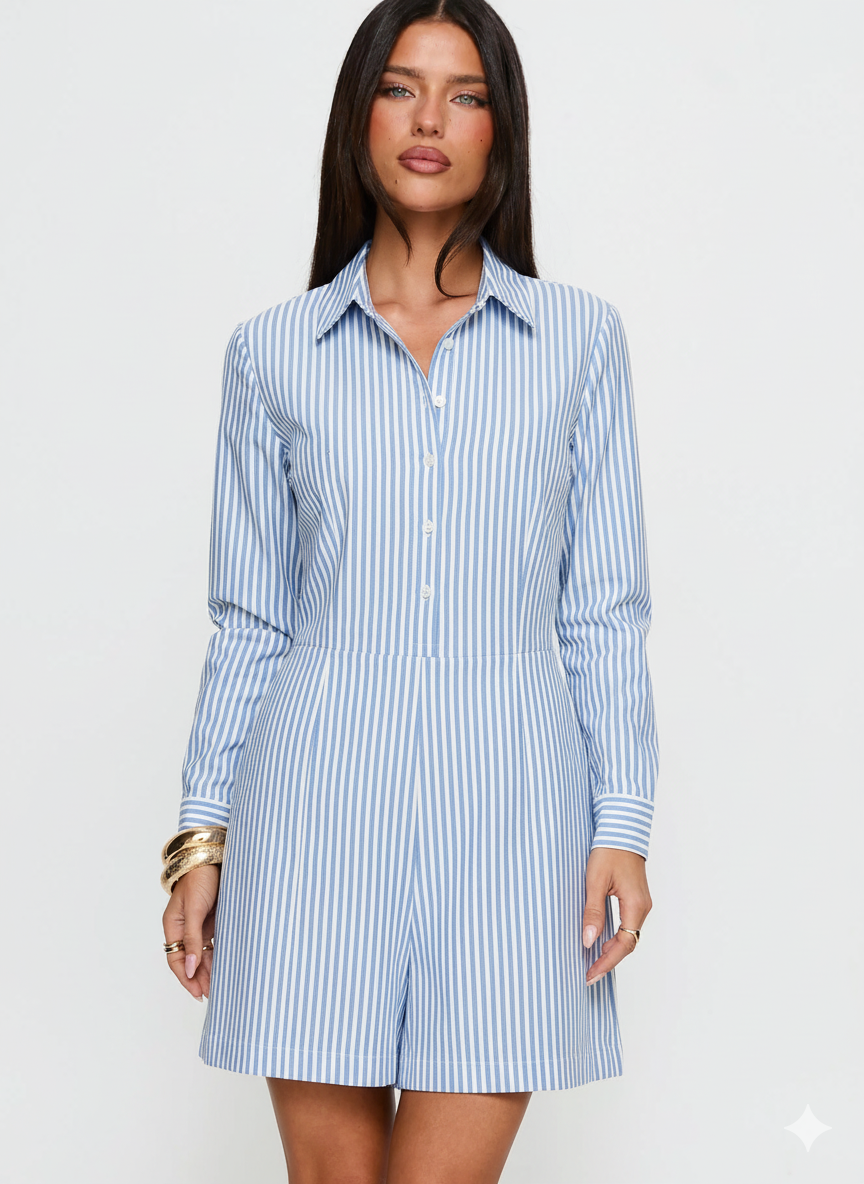 Striped Button Front Long Sleeve Romper