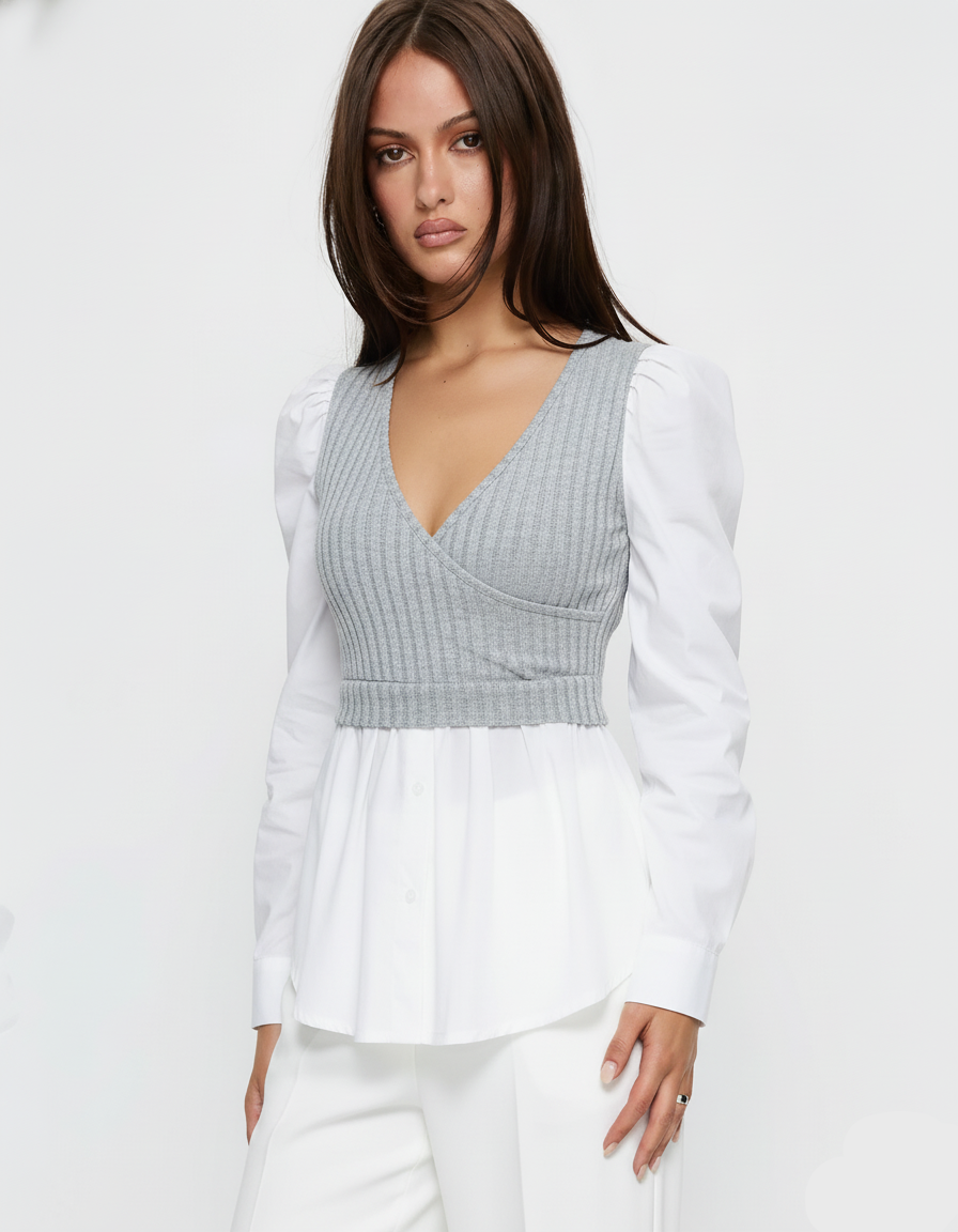 Ribbed Knit Splicing Contrast Long Sleeve Blouse