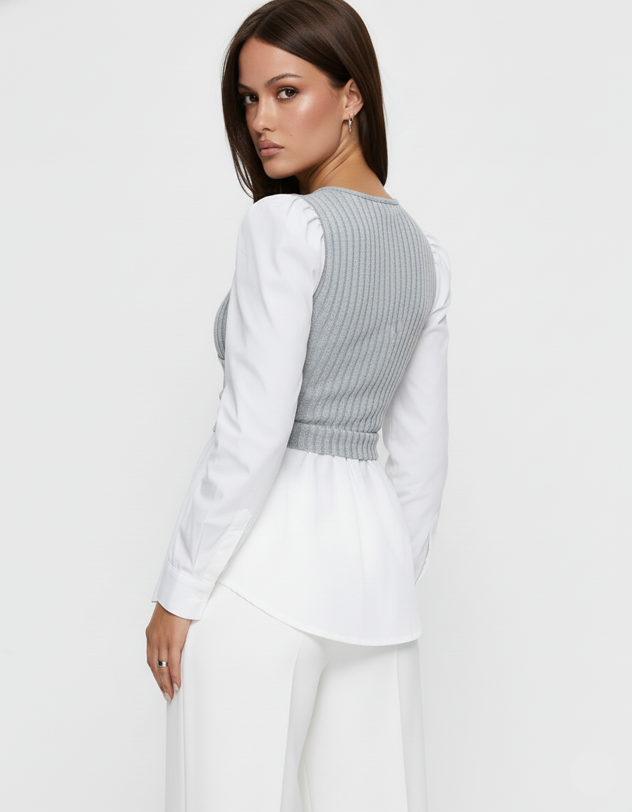 Ribbed Knit Splicing Contrast Long Sleeve Blouse