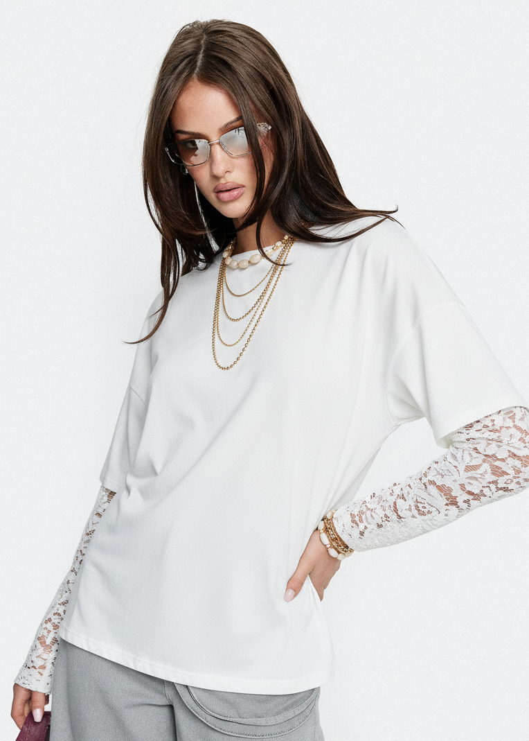 Lace Long Sleeve Insert Drop Shoulder Tee