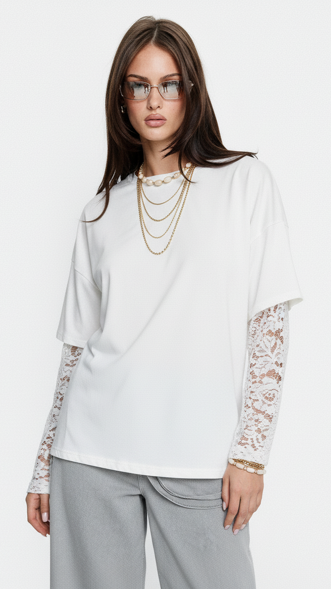Lace Long Sleeve Insert Drop Shoulder Tee