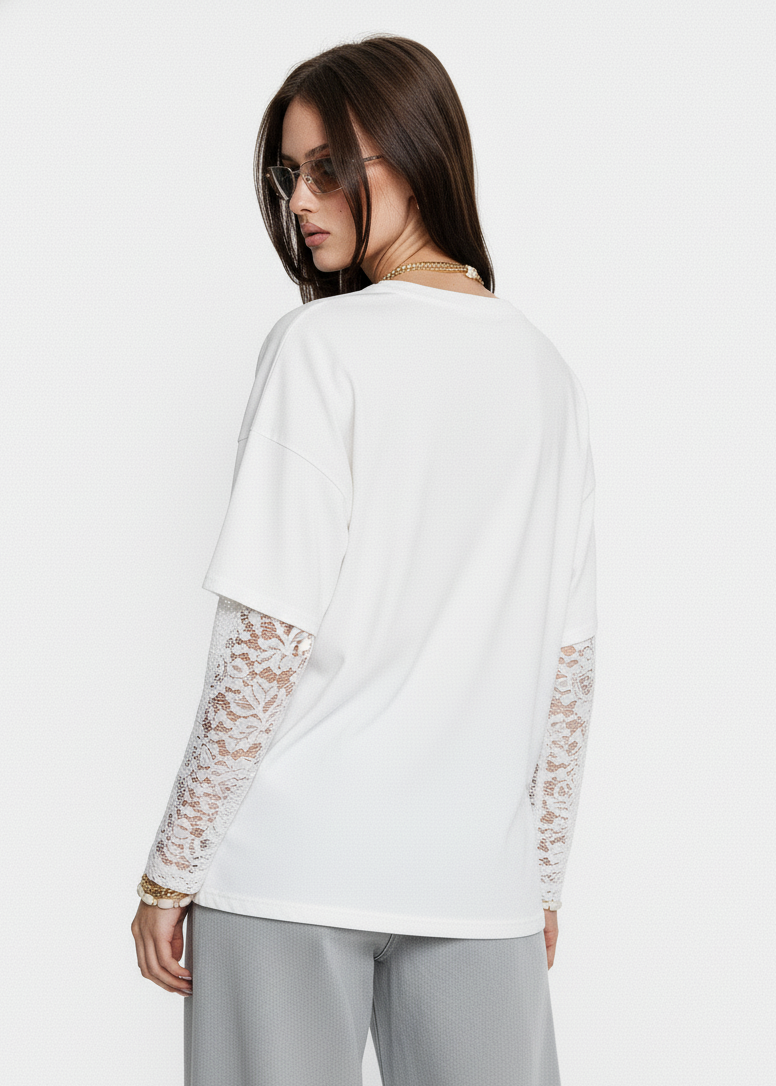 Lace Long Sleeve Insert Drop Shoulder Tee