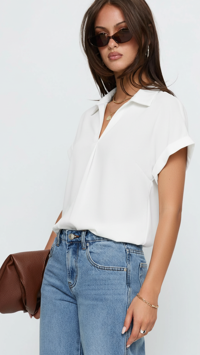 Collared Neck Short Sleeve Blouse