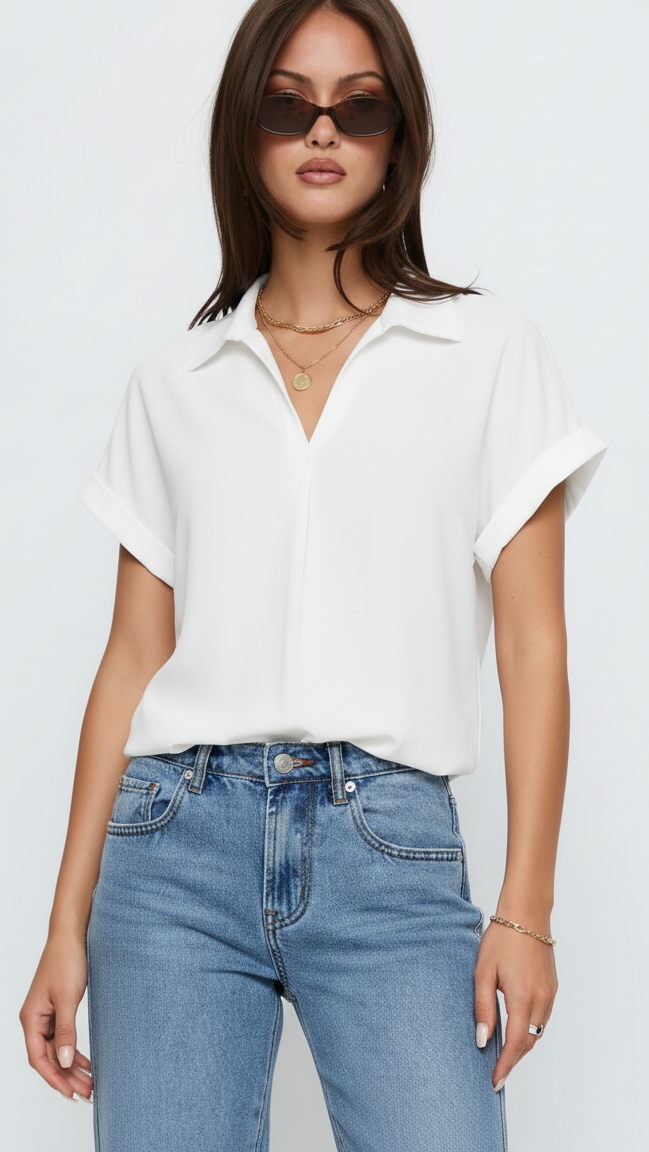 Collared Neck Short Sleeve Blouse