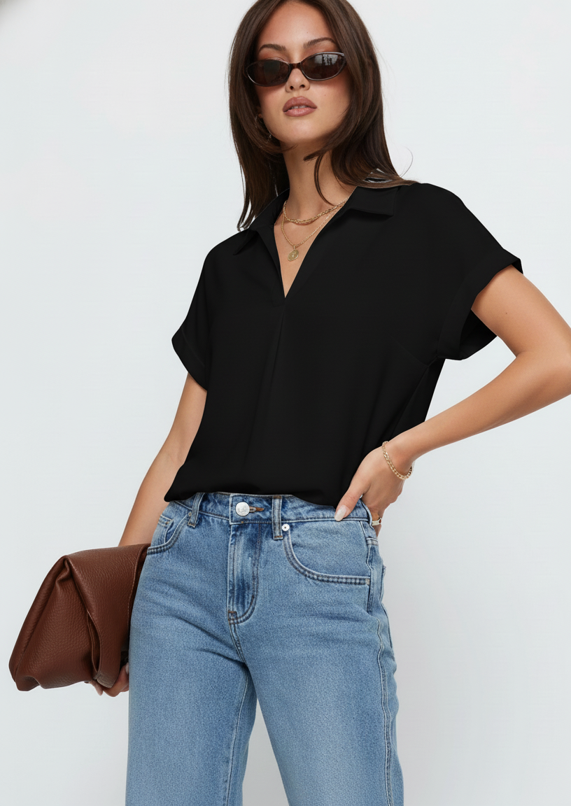 Collared Neck Short Sleeve Blouse