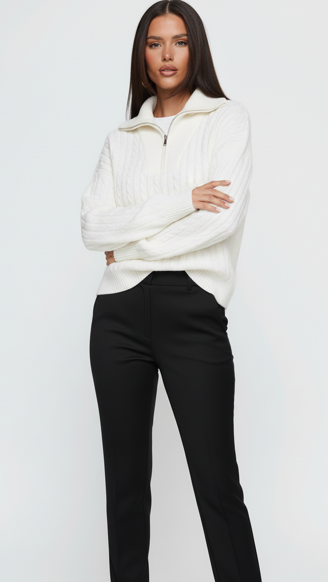 Zip Collar Cable-Knit Sweater