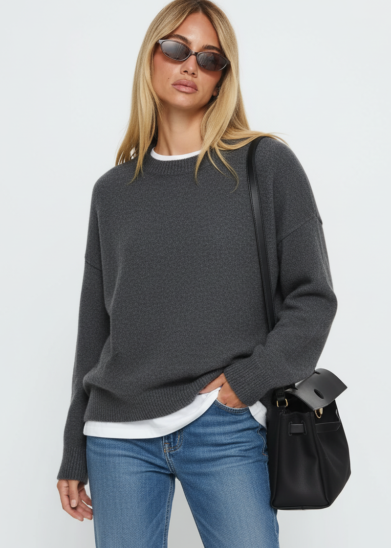 Ribbed Round Neck Dropped Shoulder Sweater