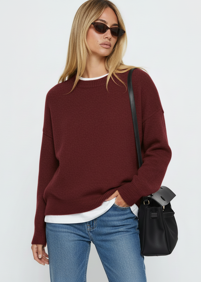 Ribbed Round Neck Dropped Shoulder Sweater