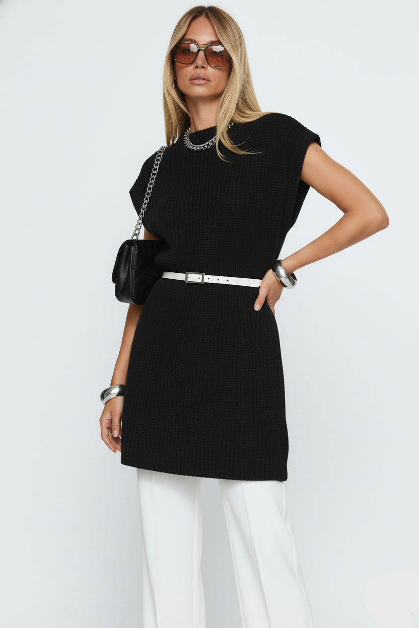 Round Neck Cap Sleeve Sweater Dress