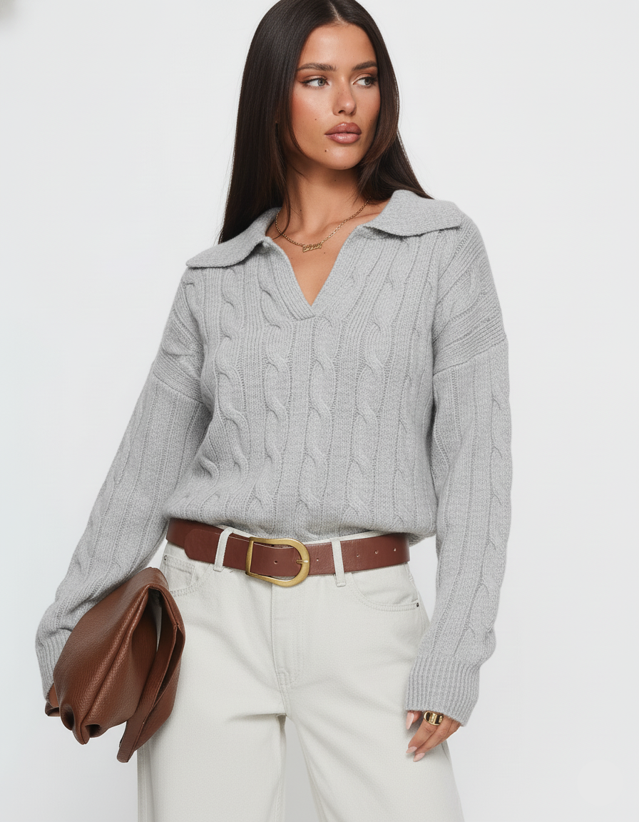 Cable Knit Johnny Collar Sweater