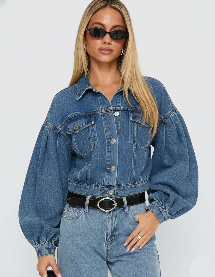 Collared Neck Dropped Shoulder Denim Top