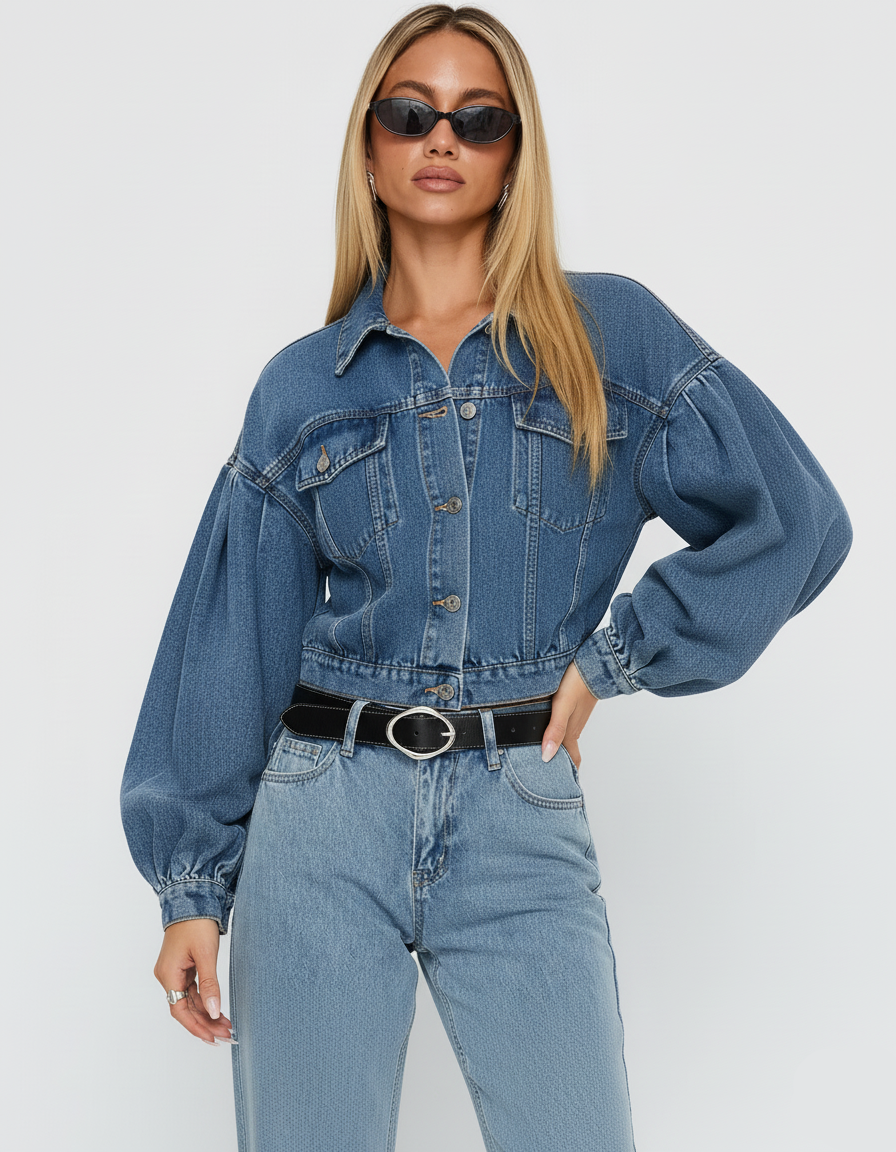 Collared Neck Dropped Shoulder Denim Top