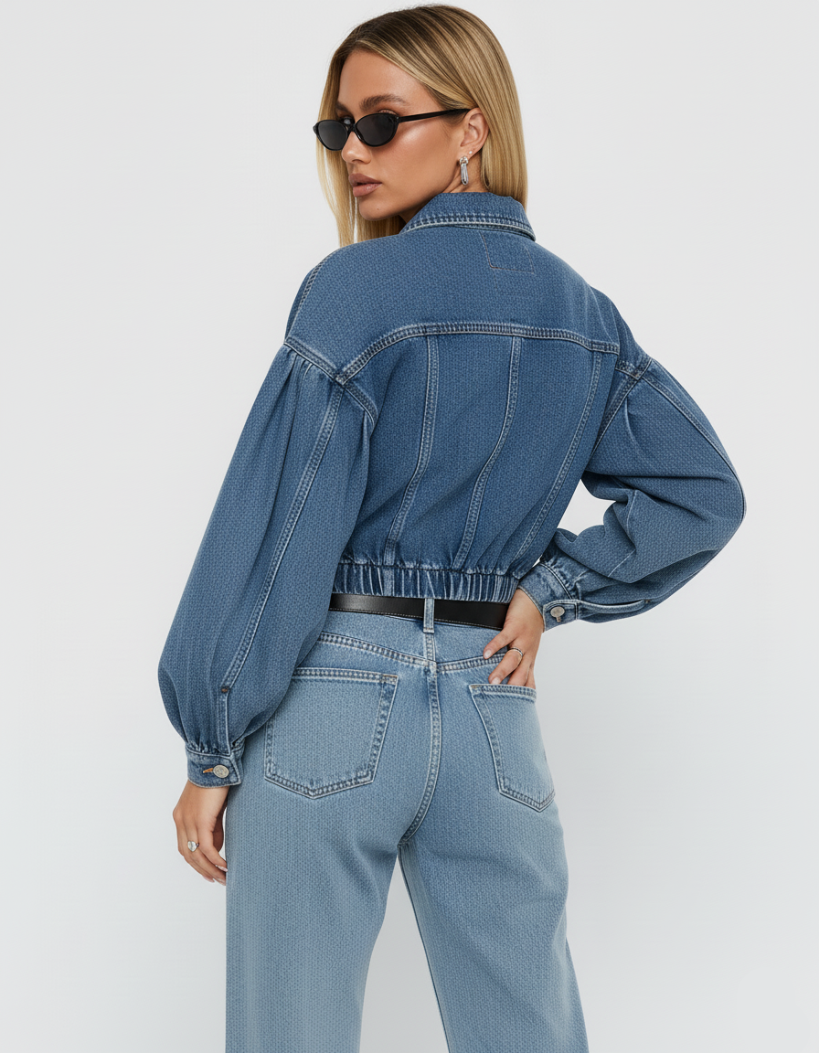Collared Neck Dropped Shoulder Denim Top