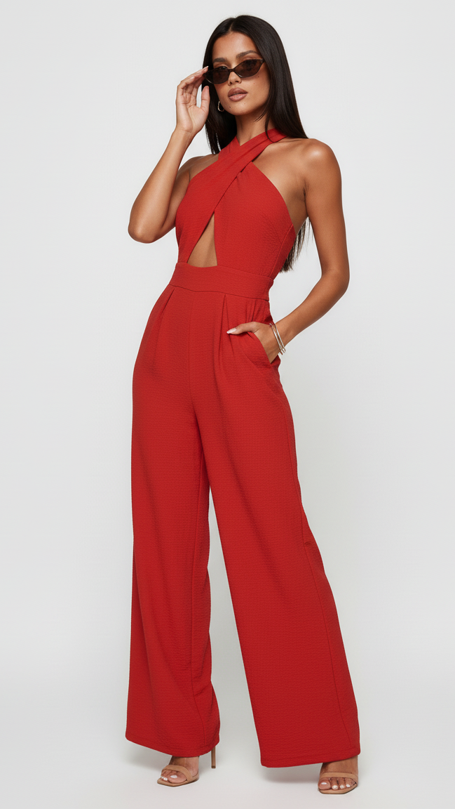 Halter Neck Wide Leg Jumpsuit with Keyhole Detail