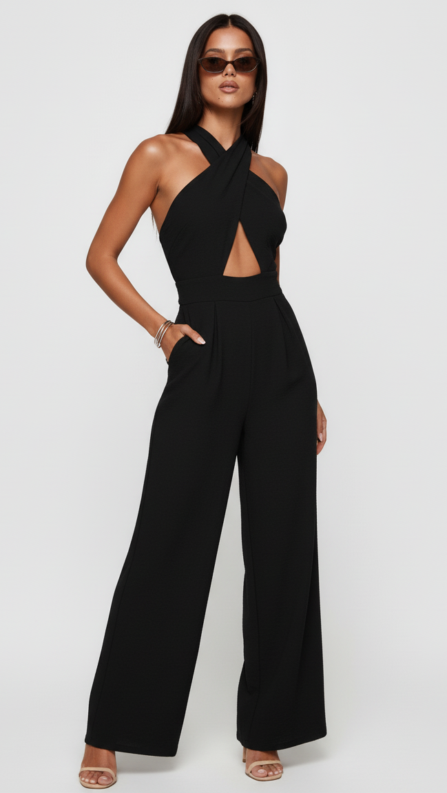 Halter Neck Wide Leg Jumpsuit with Keyhole Detail