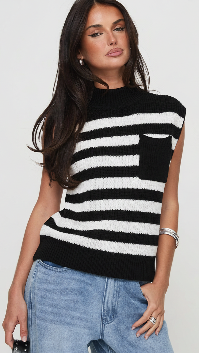 Striped Mock Neck Cap Sleeve Knit Top