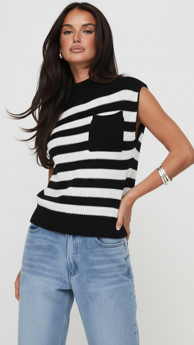 Striped Mock Neck Cap Sleeve Knit Top