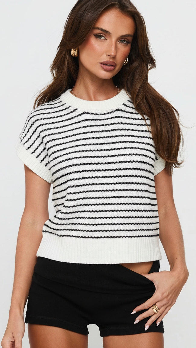 Striped Round Neck Short Sleeve Knit Top