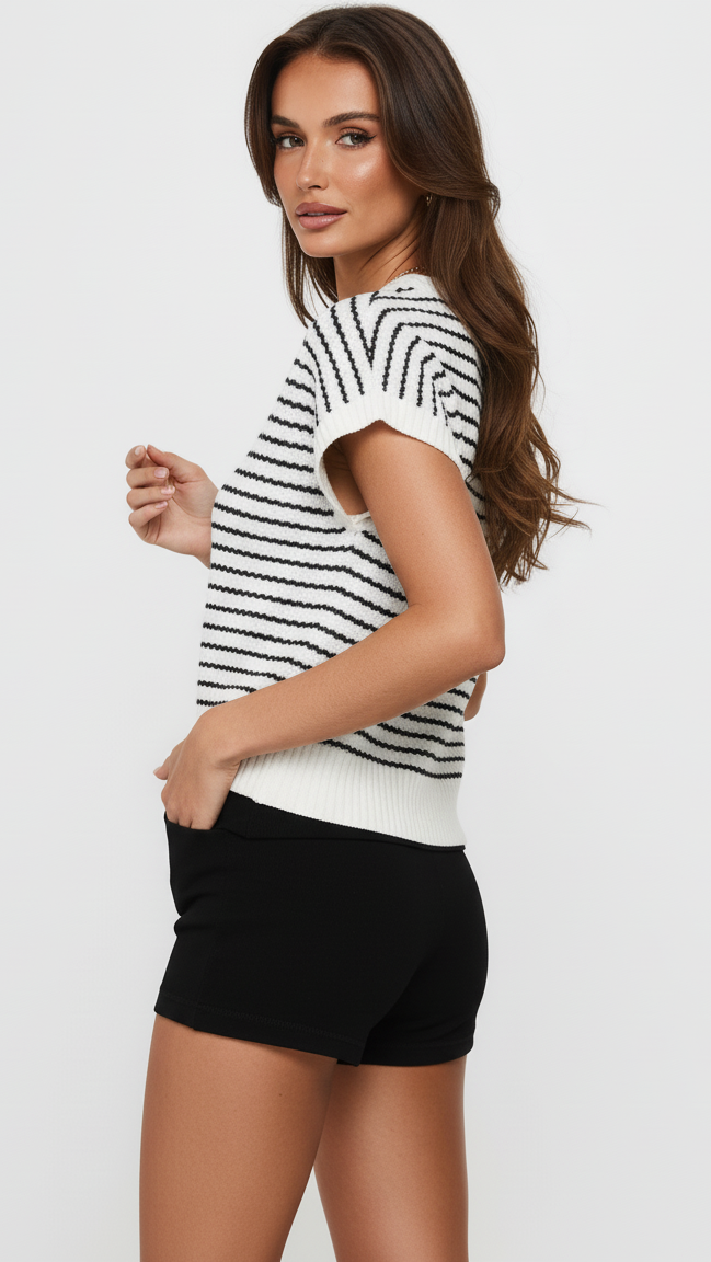 Striped Round Neck Short Sleeve Knit Top
