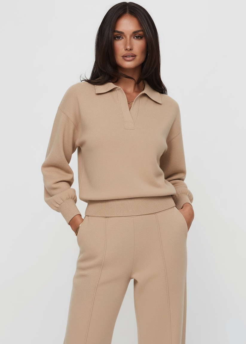 Exposed Seam Long Sleeve Polo Top with Side Slit