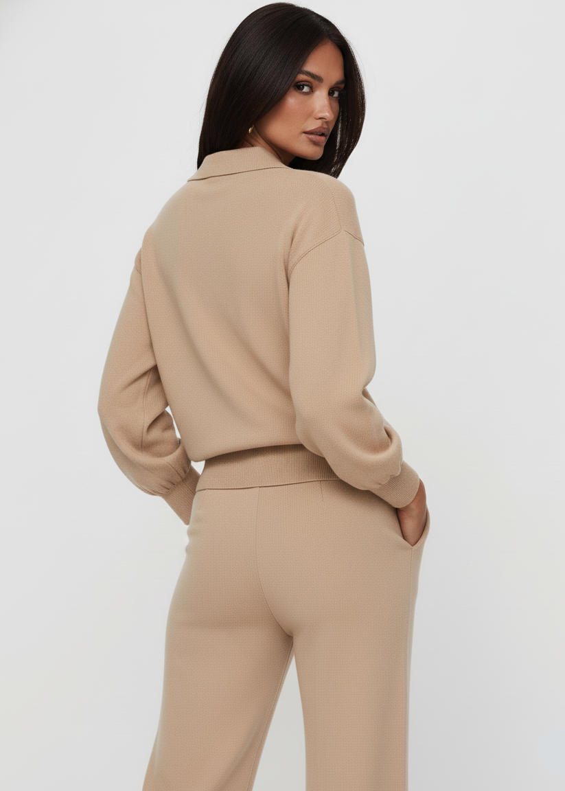 Exposed Seam Long Sleeve Polo Top with Side Slit