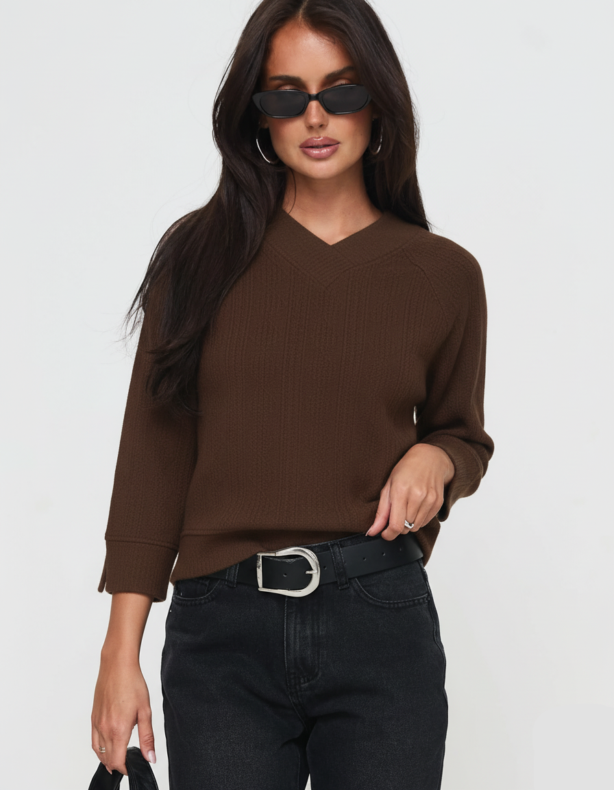 Textured Knit V-Neck Top Brown